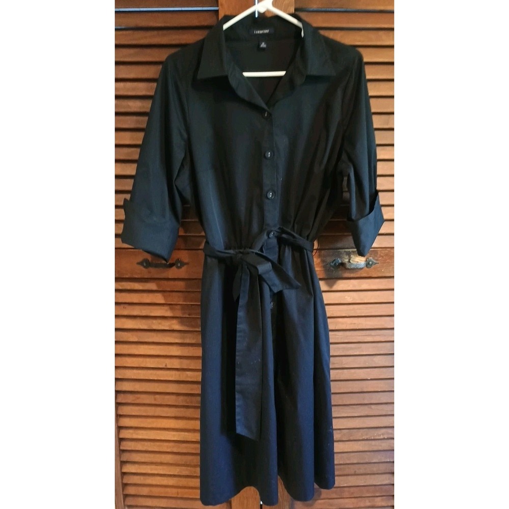 Lands End Dress Womens Sz 16 Black Collared Belted Pockets Cuffs ButtonUp Career - Picture 3 of 7